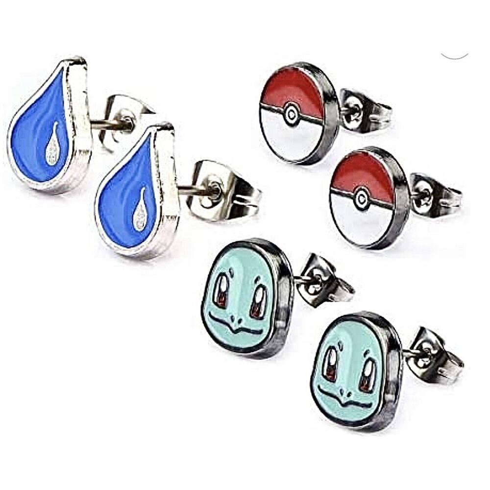 Pokemon Squirtle, Water Drop, &‎ Pokeball Stud Earrings, Set of 3